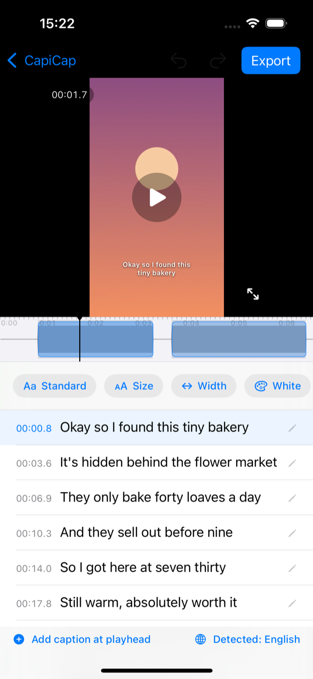 CapiCap editor with a transcript list and caption styling controls